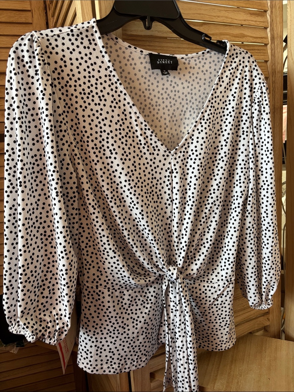 Fifty Street White Blouse with Black Polka Dots and Front Tie Medium